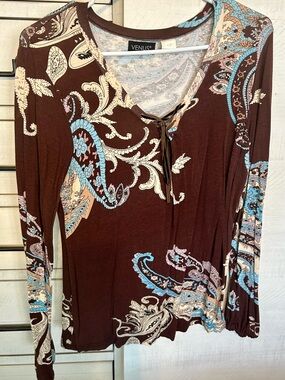 VENUS Brown Paisley Lace-Up Long Sleeve Tee with Blue & Cream Accents